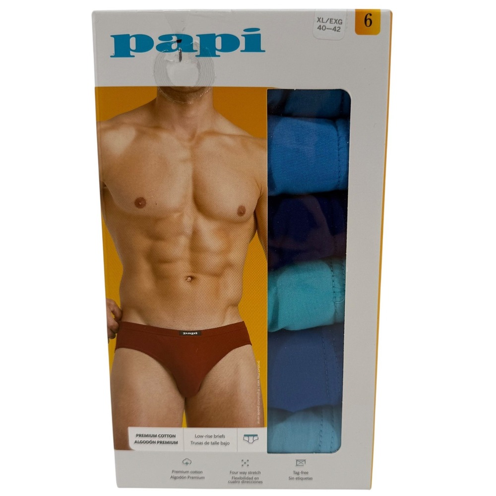 Papi Mens 6 Pack Low-Rise Briefs Blue Teal Premium Cotton XL 40-42 Comfort NEW